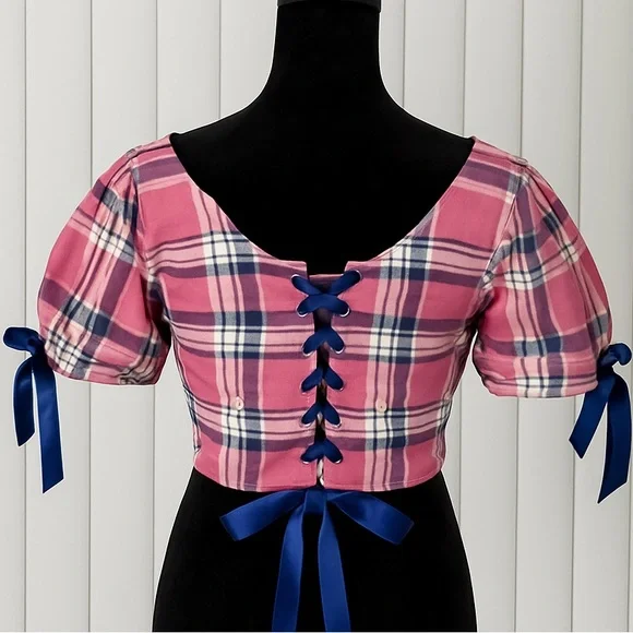 SUGAR THRILLZ French Exchange Plaid Puff Sleeve Corset Crop Top Pink Blue Large - Picture 2 of 8